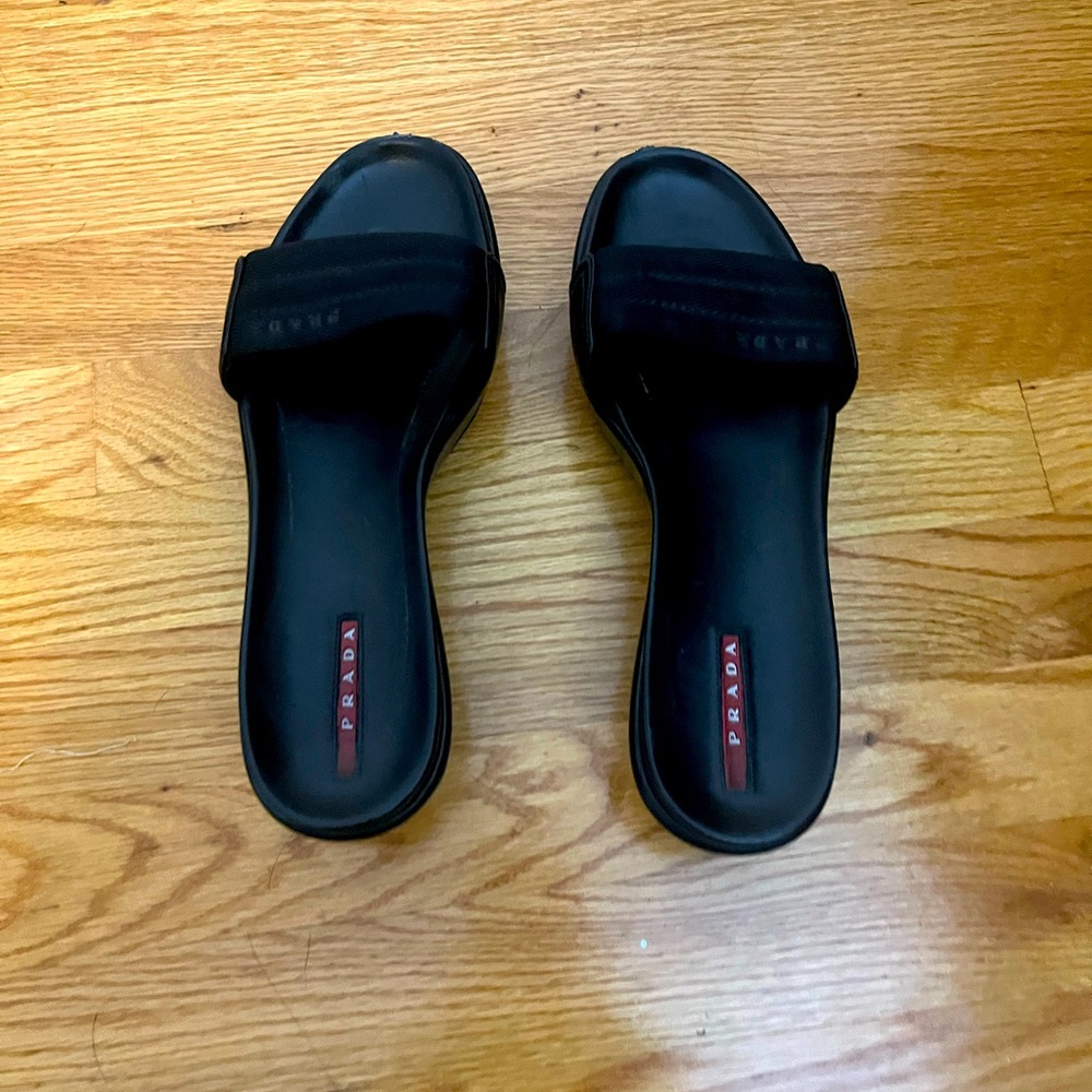 💯Auth Prada Sport Platform Slides 39/9 Euro Black Nylon Leather Women Sandal
